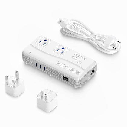 BESTEK front view showing outlets and USB ports for convenient travel charging