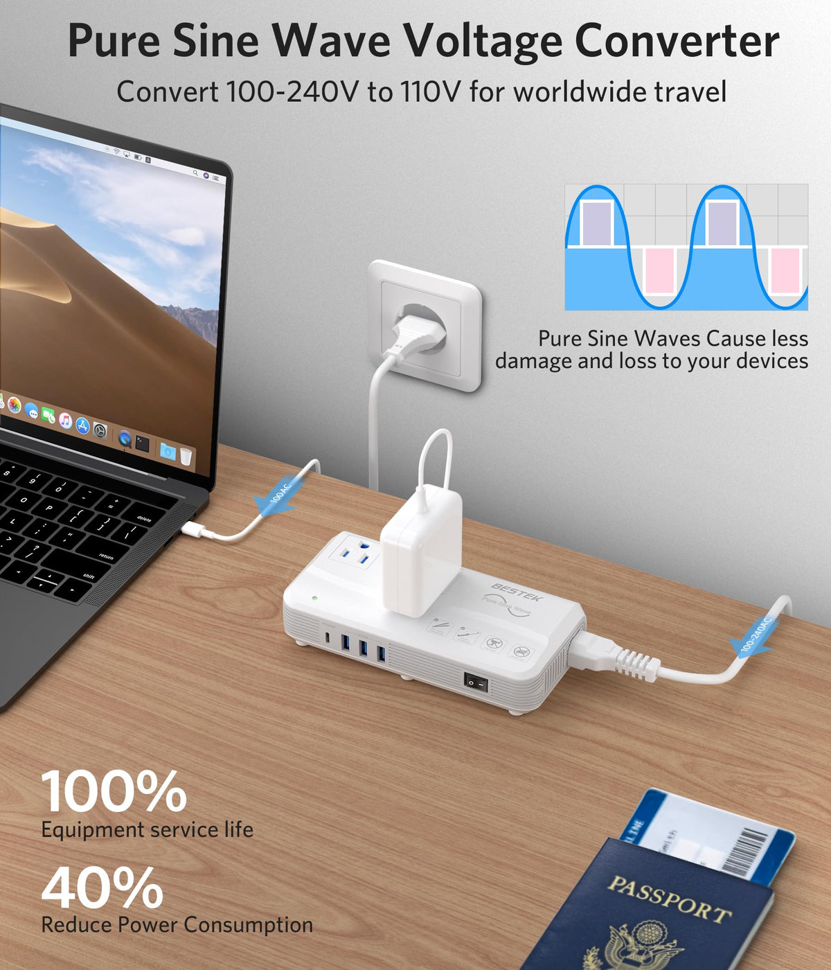 BESTEK close-up of USB-C PD 35W port delivering fast device charging