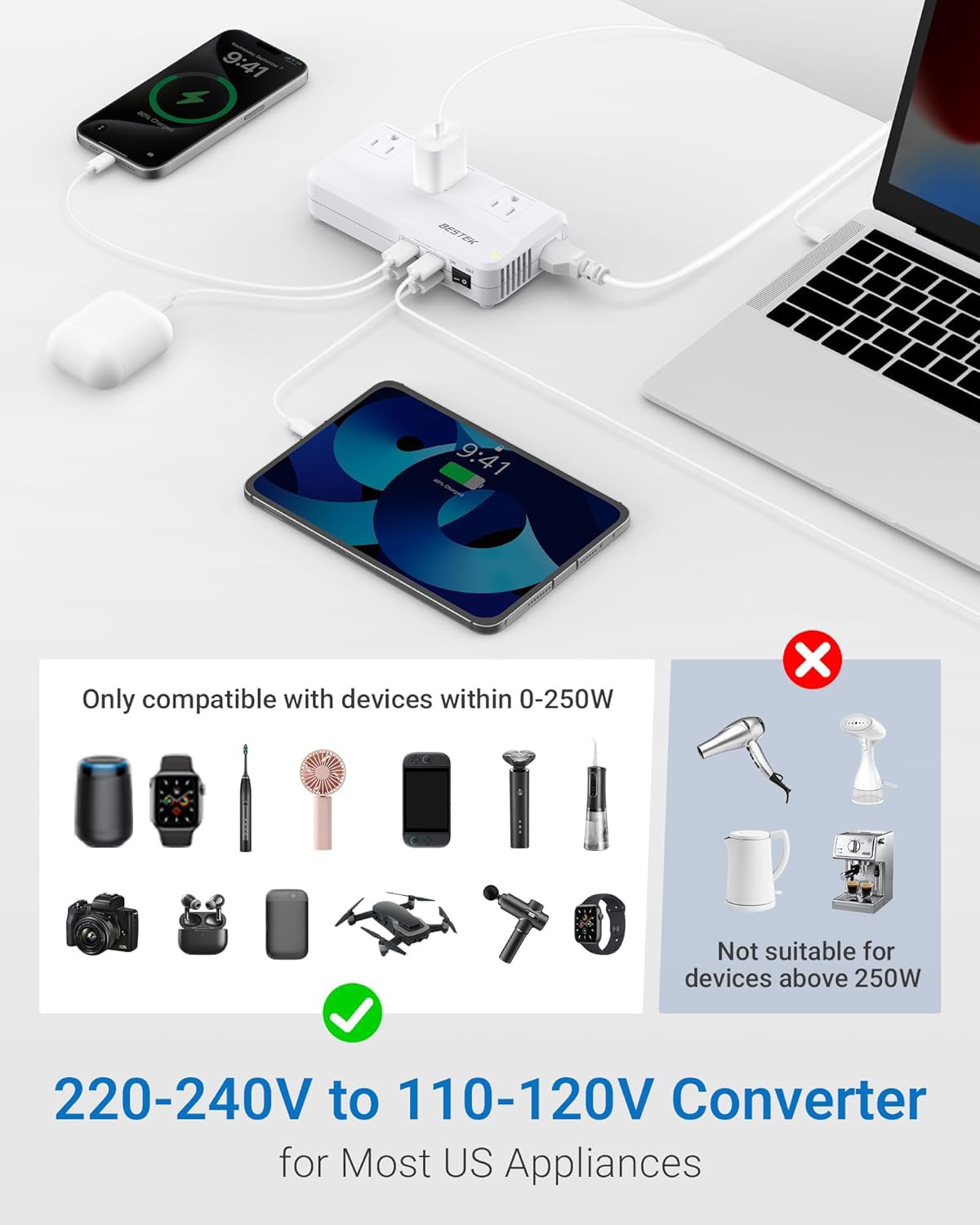 BESTEK with detachable EU power cord illustrating easy plug connection abroad