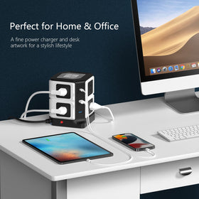 BESTEK flat plug and six-foot cord tucked behind furniture for neat setup