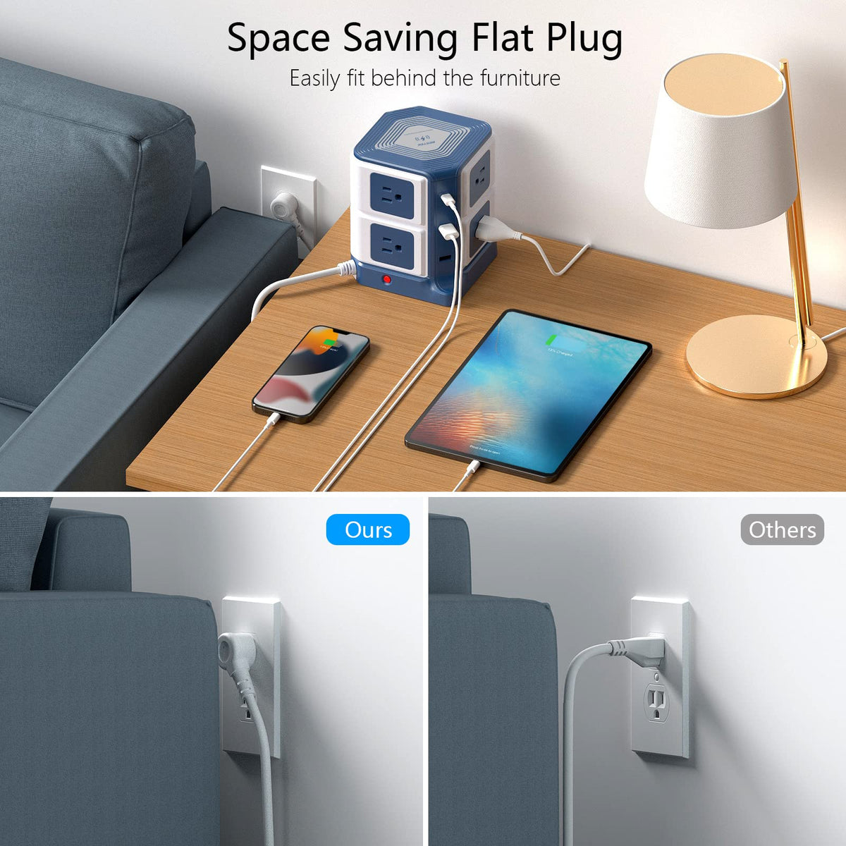 BESTEK 45-degree flat plug and 6ft cord showing easy placement behind furniture benefit