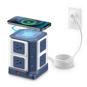 BESTEK front view of tower showing outlets and USB ports, organized charging benefit