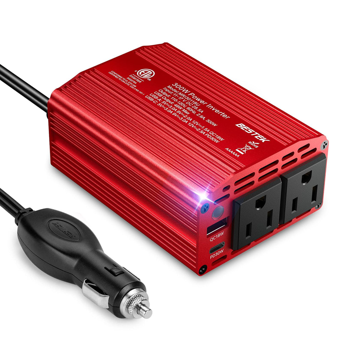 BESTEK front panel showing AC outlets and USB ports for versatile charging