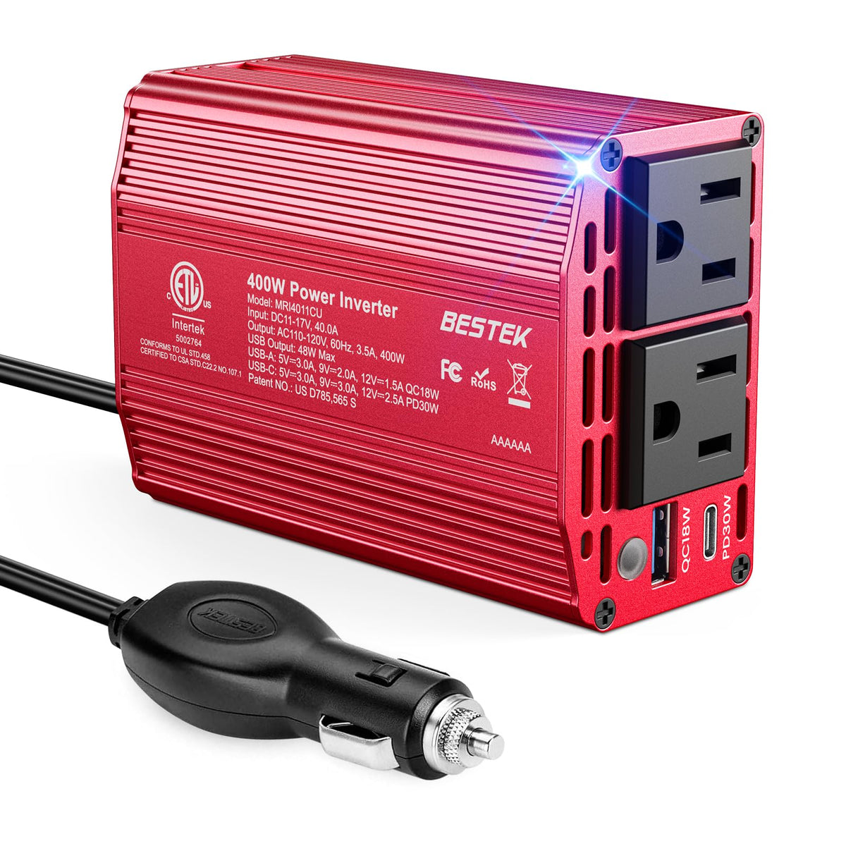 BESTEK front panel showing AC outlets and USB ports for versatile charging