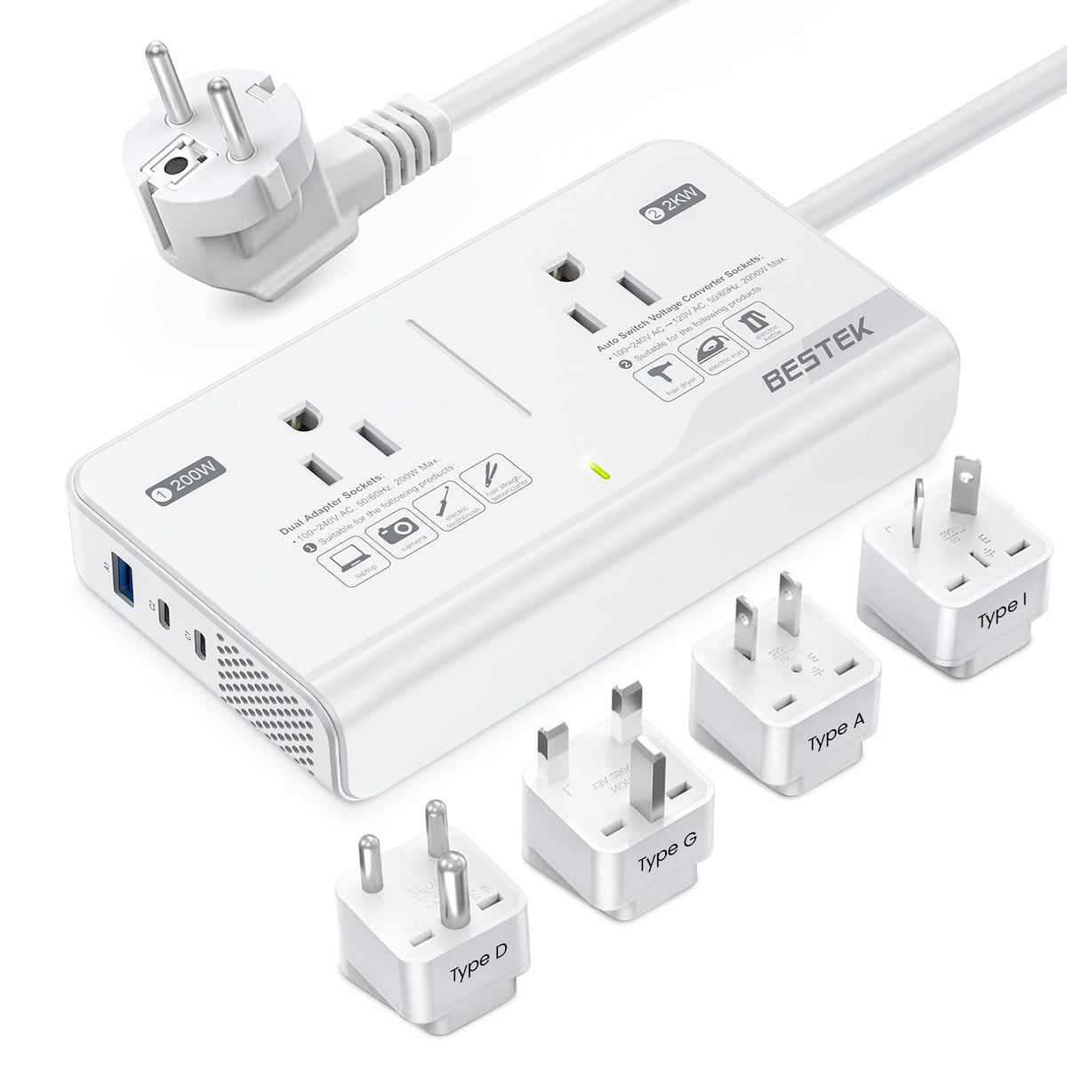 BESTEK front panel showing sockets and ports for versatile charging