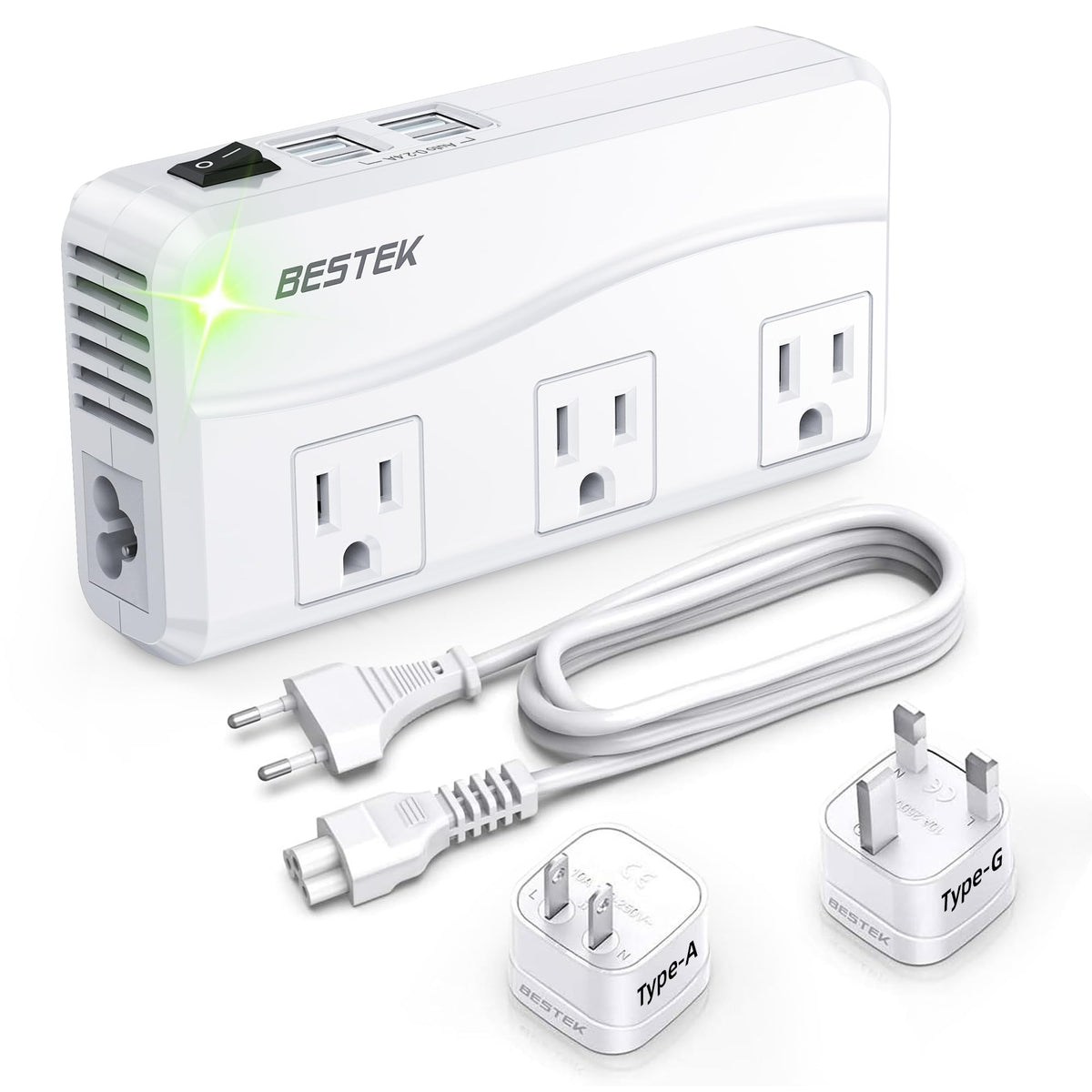 BESTEK front view adapter showing all ports and compact shape for easy travel