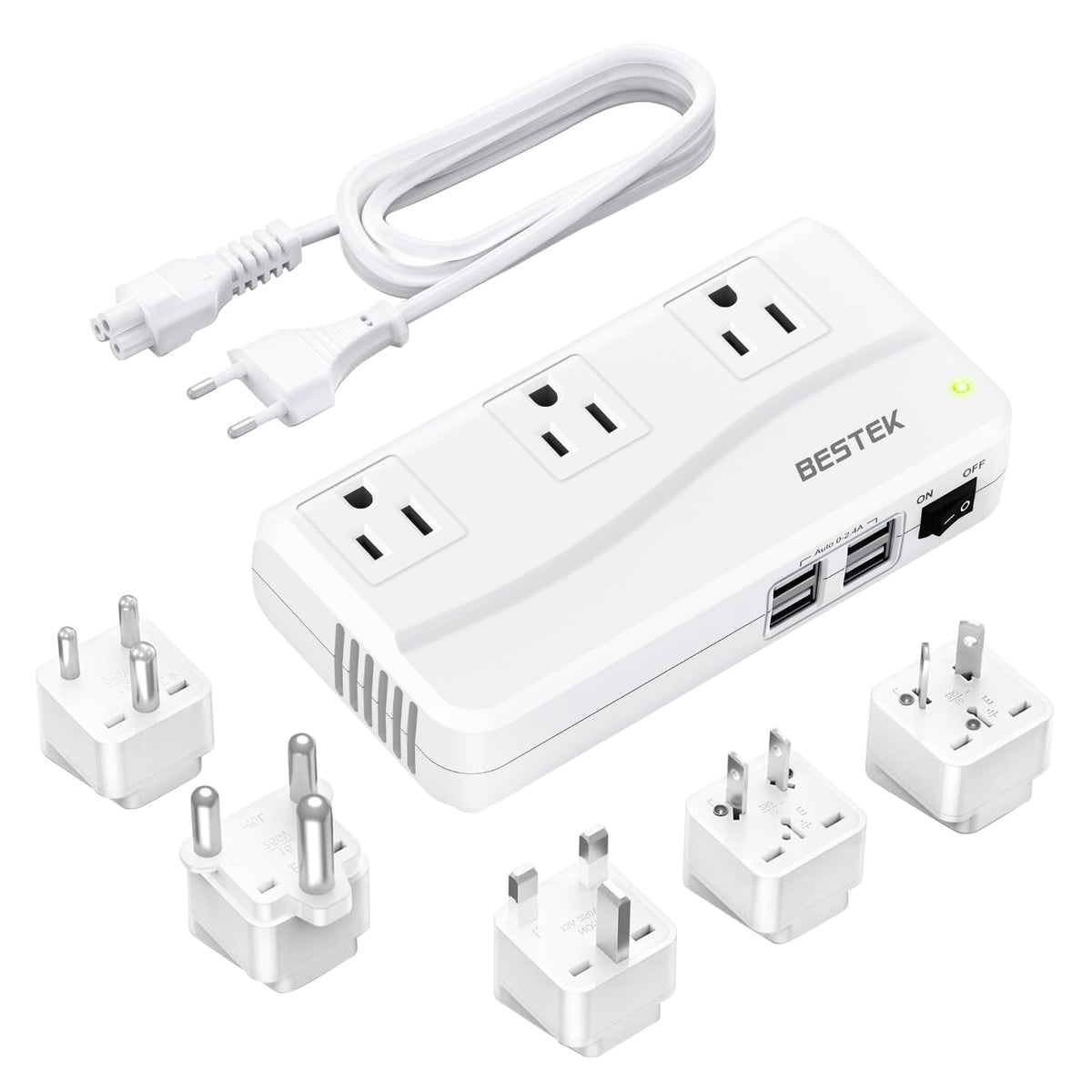 BESTEK front view of converter showing AC outlets and USB ports for versatile charging