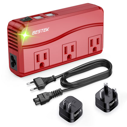 BESTEK front view showing red converter and ports for convenient travel charging