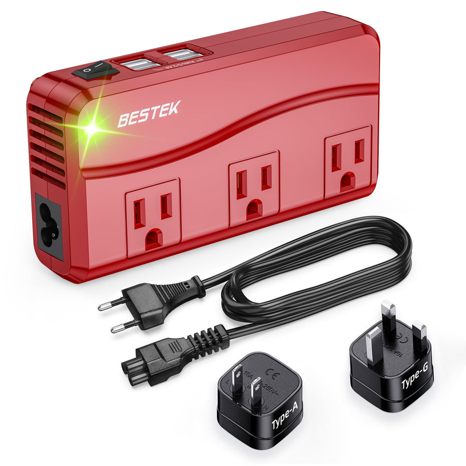 BESTEK front view showing red converter and ports for convenient travel charging