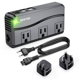 BESTEK front view showing adapter and global plugs for easy travel charging