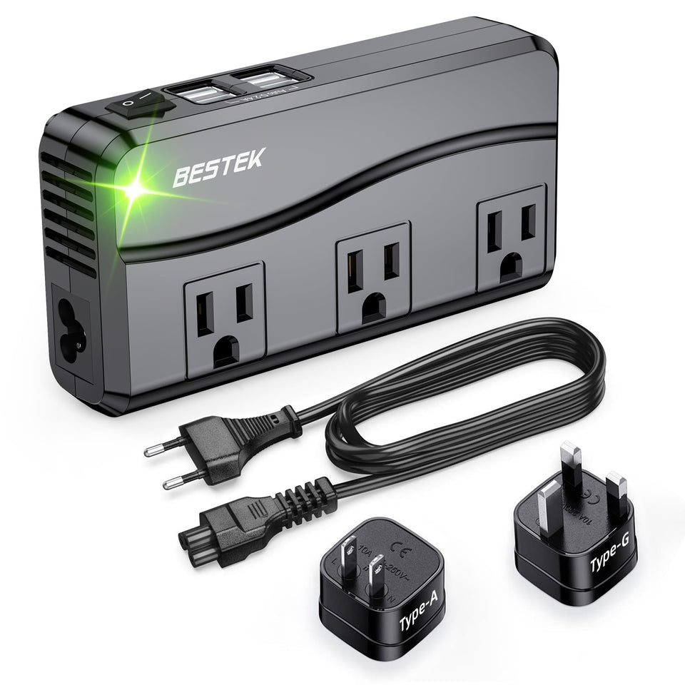 BESTEK front view showing adapter and global plugs for easy travel charging