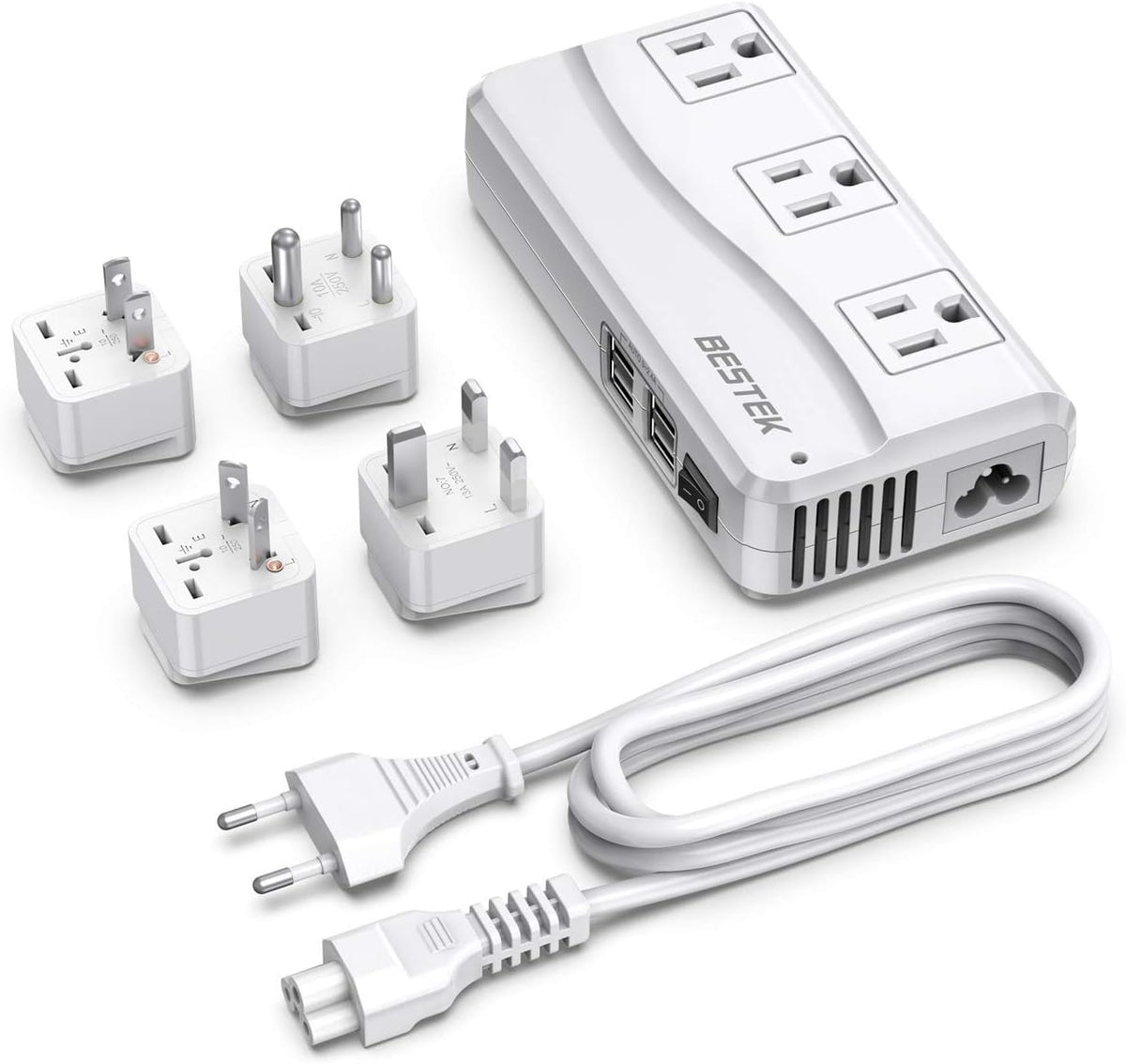 BESTEK front view showing AC sockets and USB ports for versatile charging