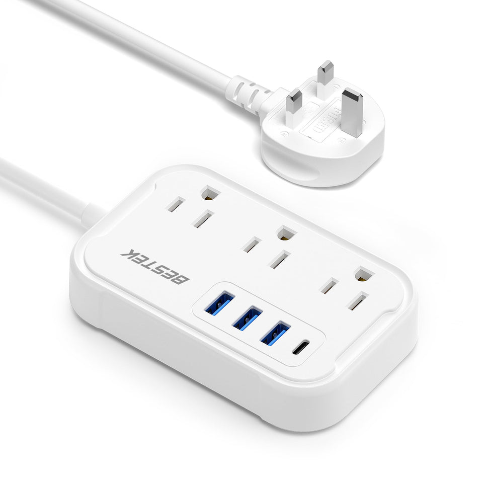BESTEK front view showing outlets and USB ports for versatile charging
