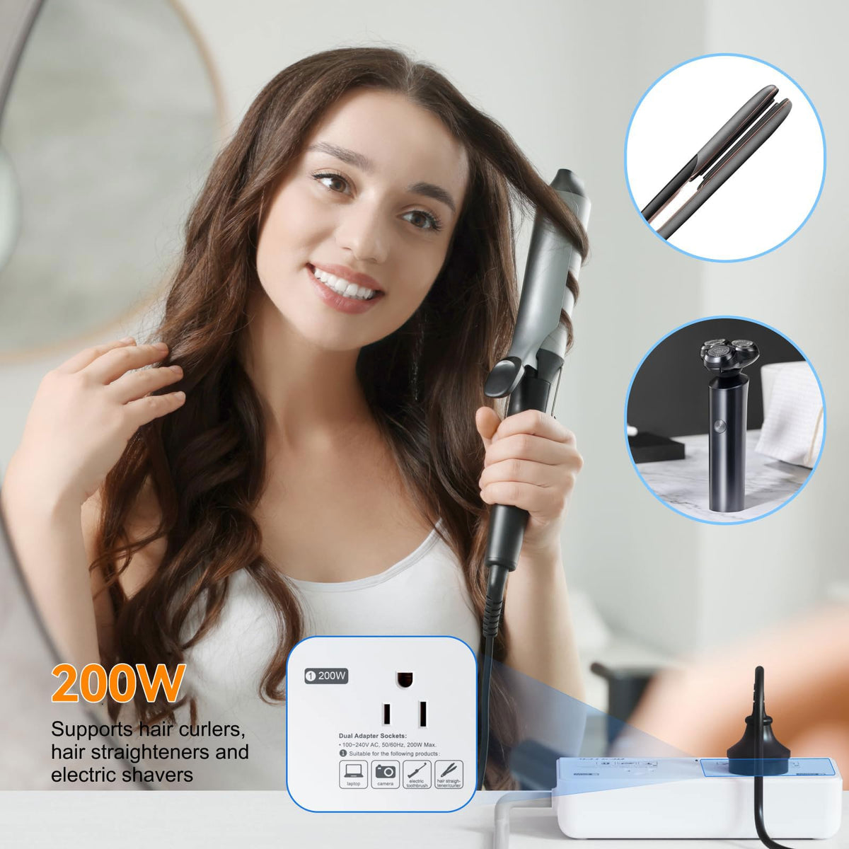 BESTEK powering a hotel hair dryer illustrating convenient operation