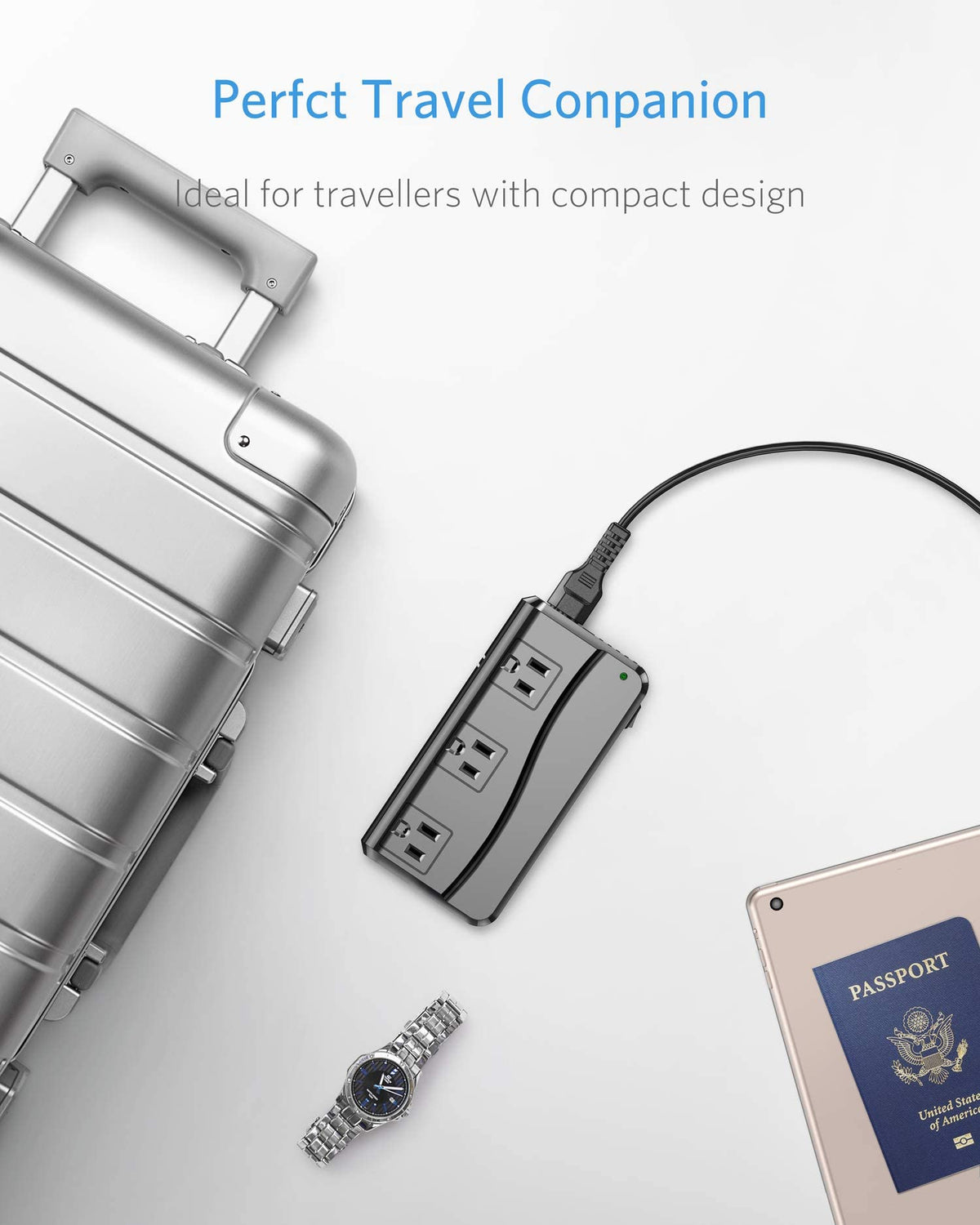 BESTEK powering phone and camera on a hotel desk demonstrating travel use