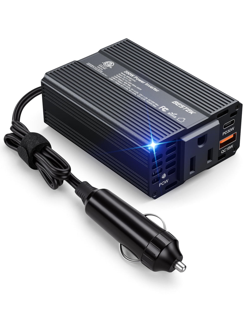 BESTEK inverter compact 12V to 110V for travel-ready power.