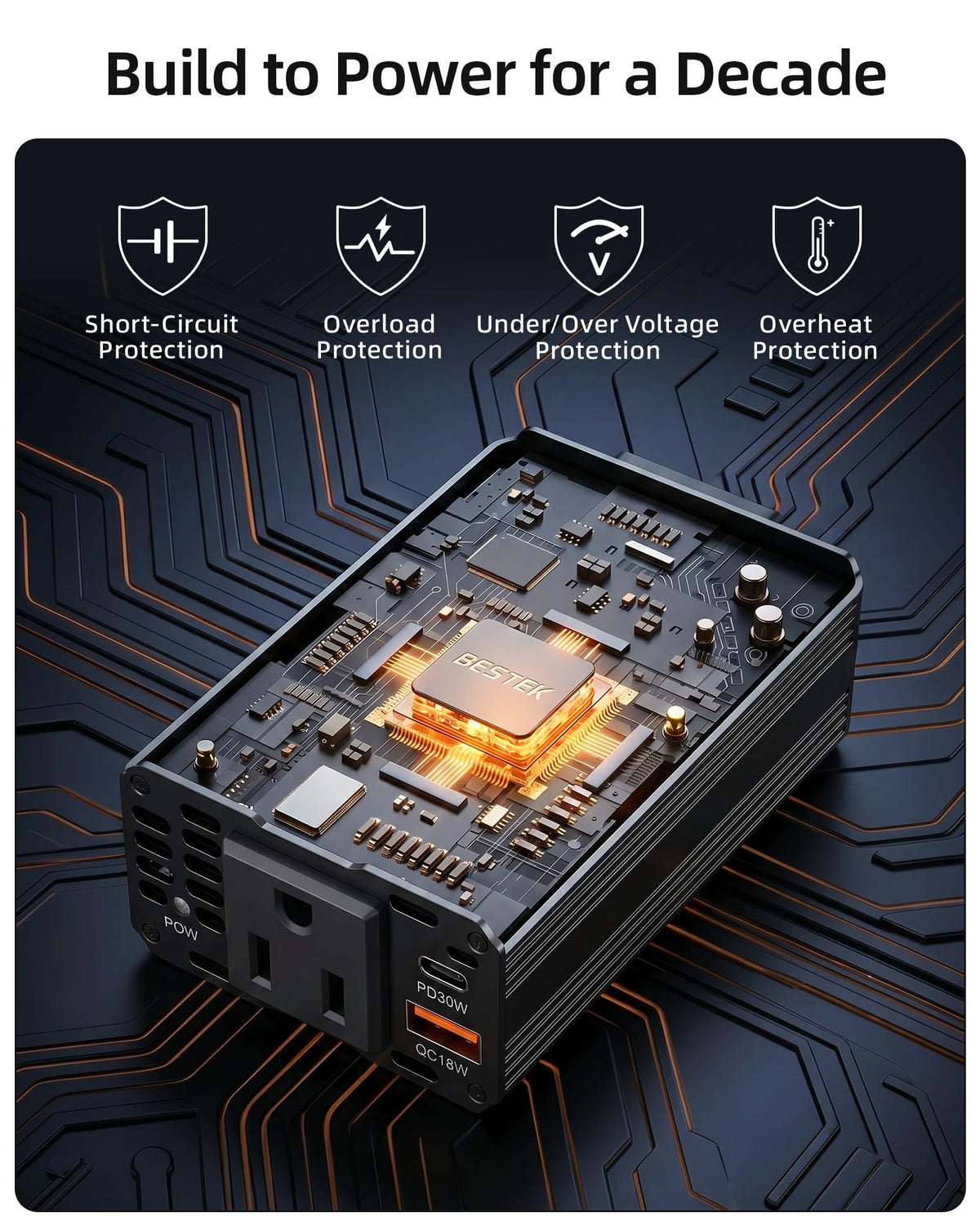 BESTEK inverter with quiet cooling fan reduces noise during charging.