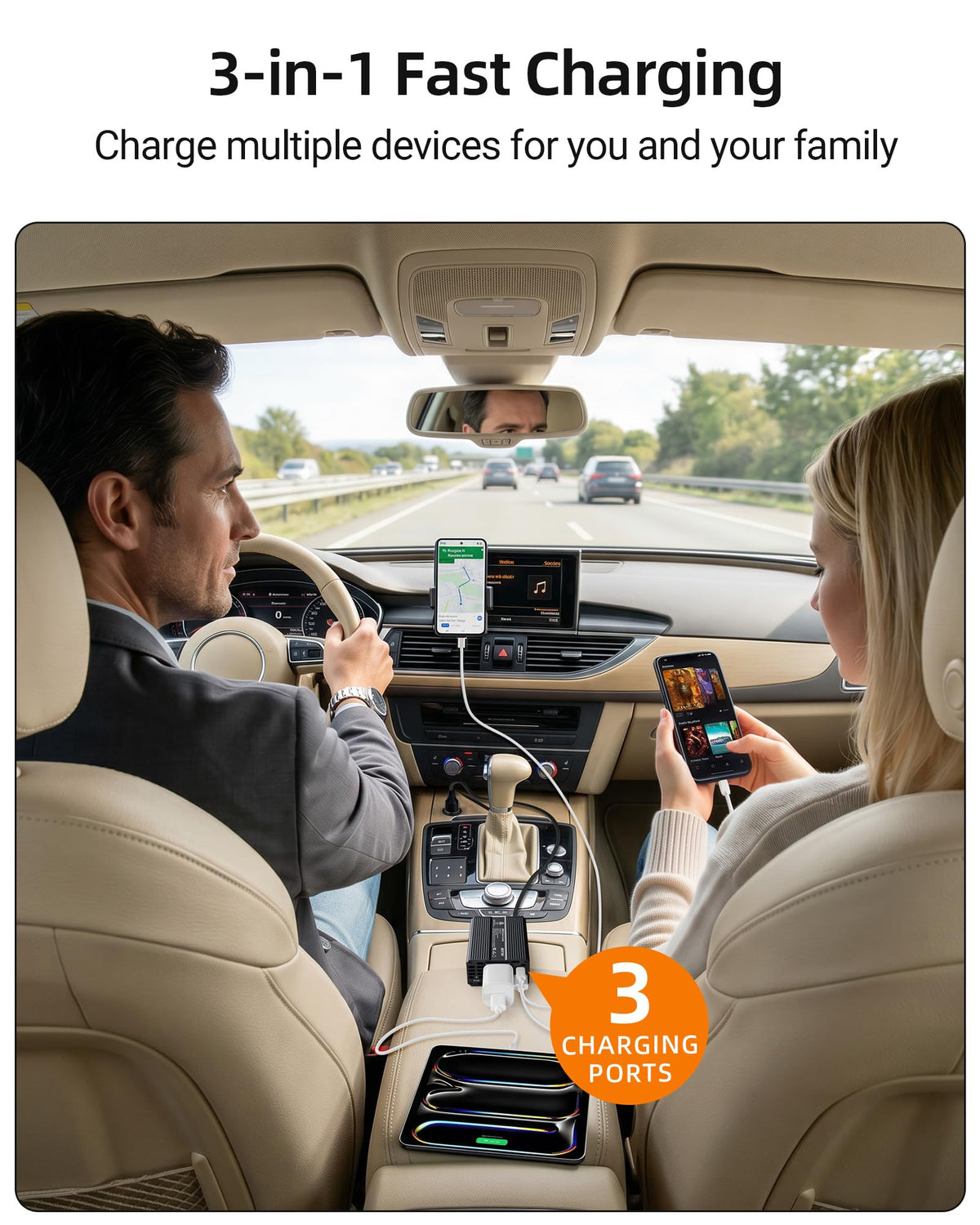 BESTEK inverter USB-A port keeps devices charged while driving.