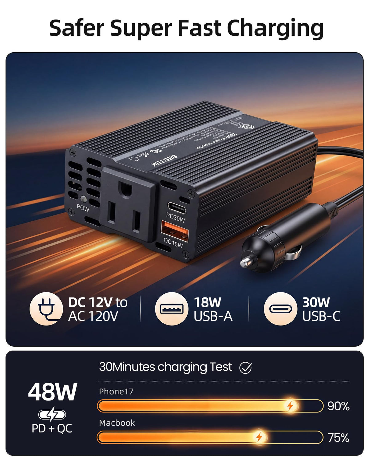 BESTEK inverter USB-C PD port for fast charging on the road.