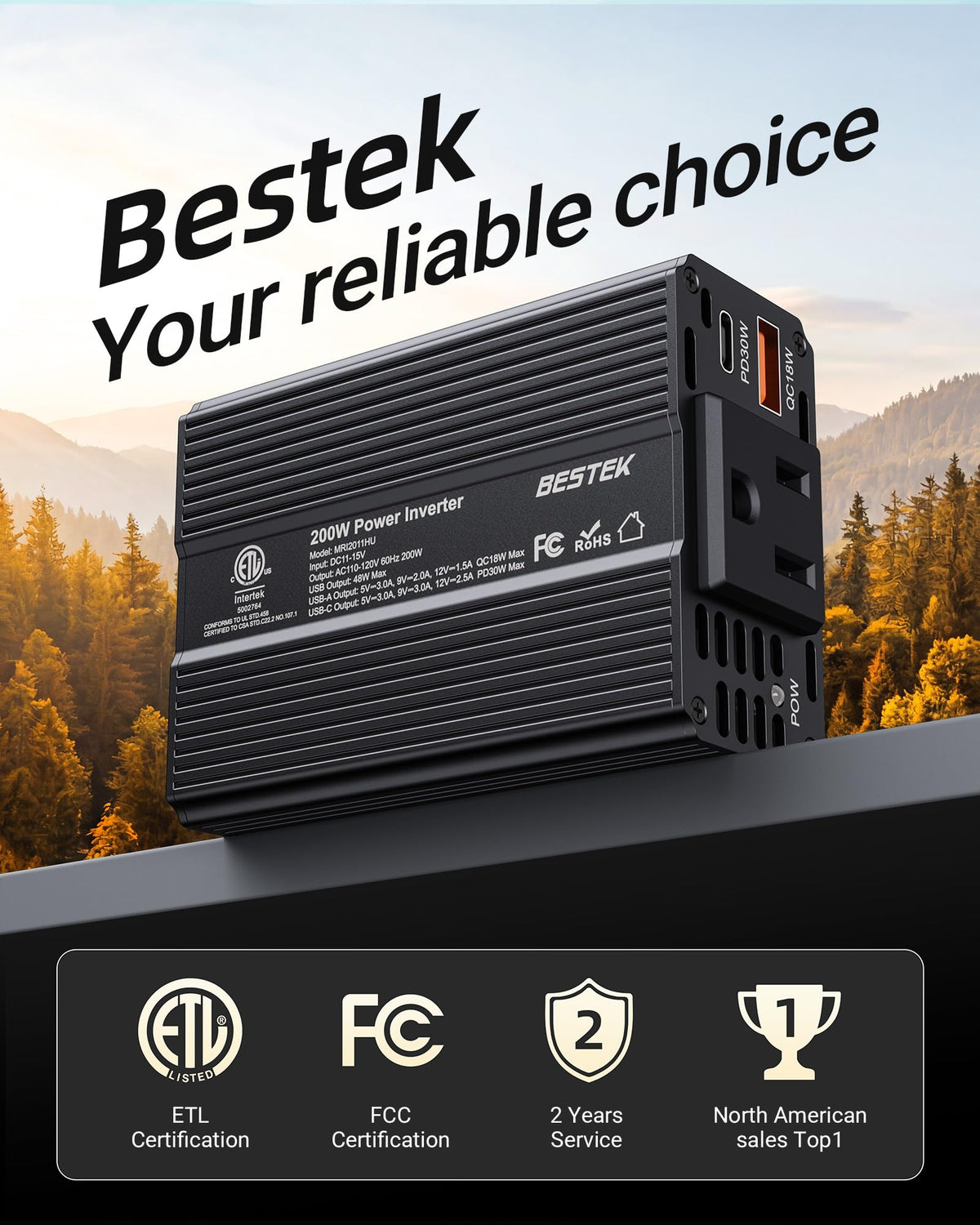 BESTEK inverter with ETL FCC certification and warranty support.
