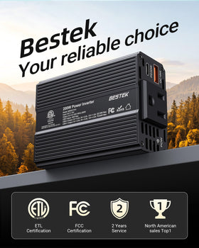 BESTEK inverter with ETL FCC certification and warranty support.