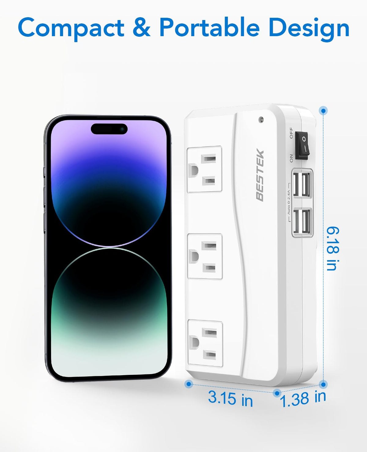 BESTEK label and specs close-up showing voltage conversion info and clarity