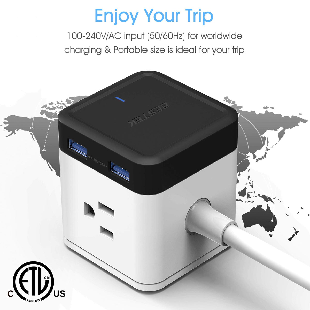 BESTEK USB fast charging ports deliver up to 2.4A per port for quick boosts.