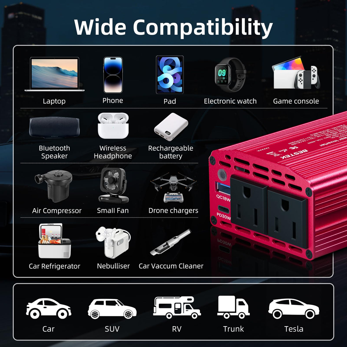 BESTEK inverter in a camping van powering small appliances outdoors