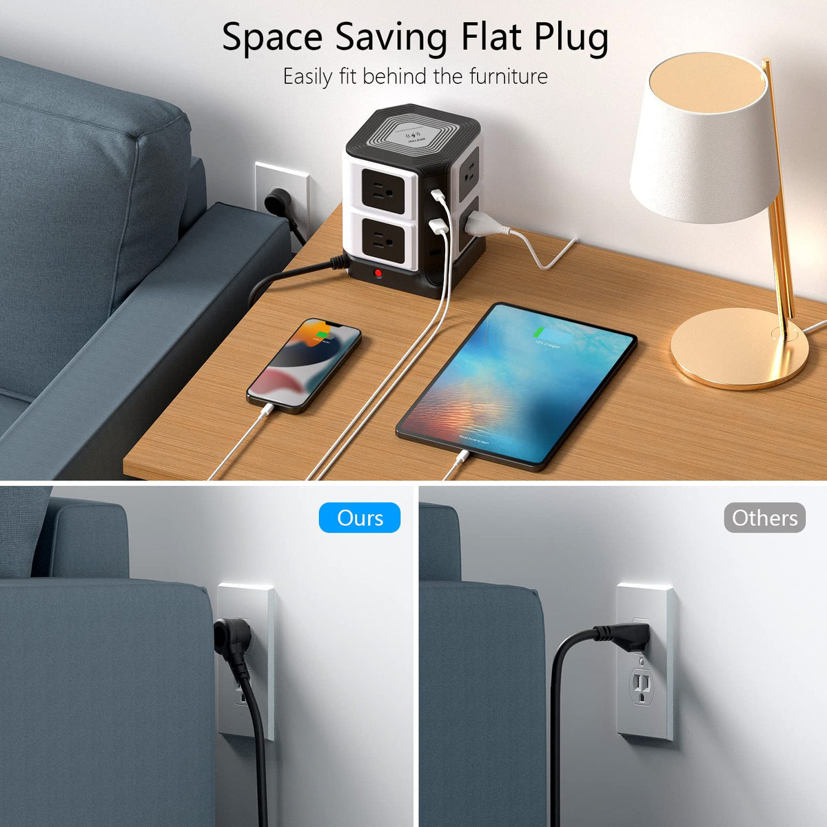 BESTEK side view highlighting eight AC outlets and easy adapter fit