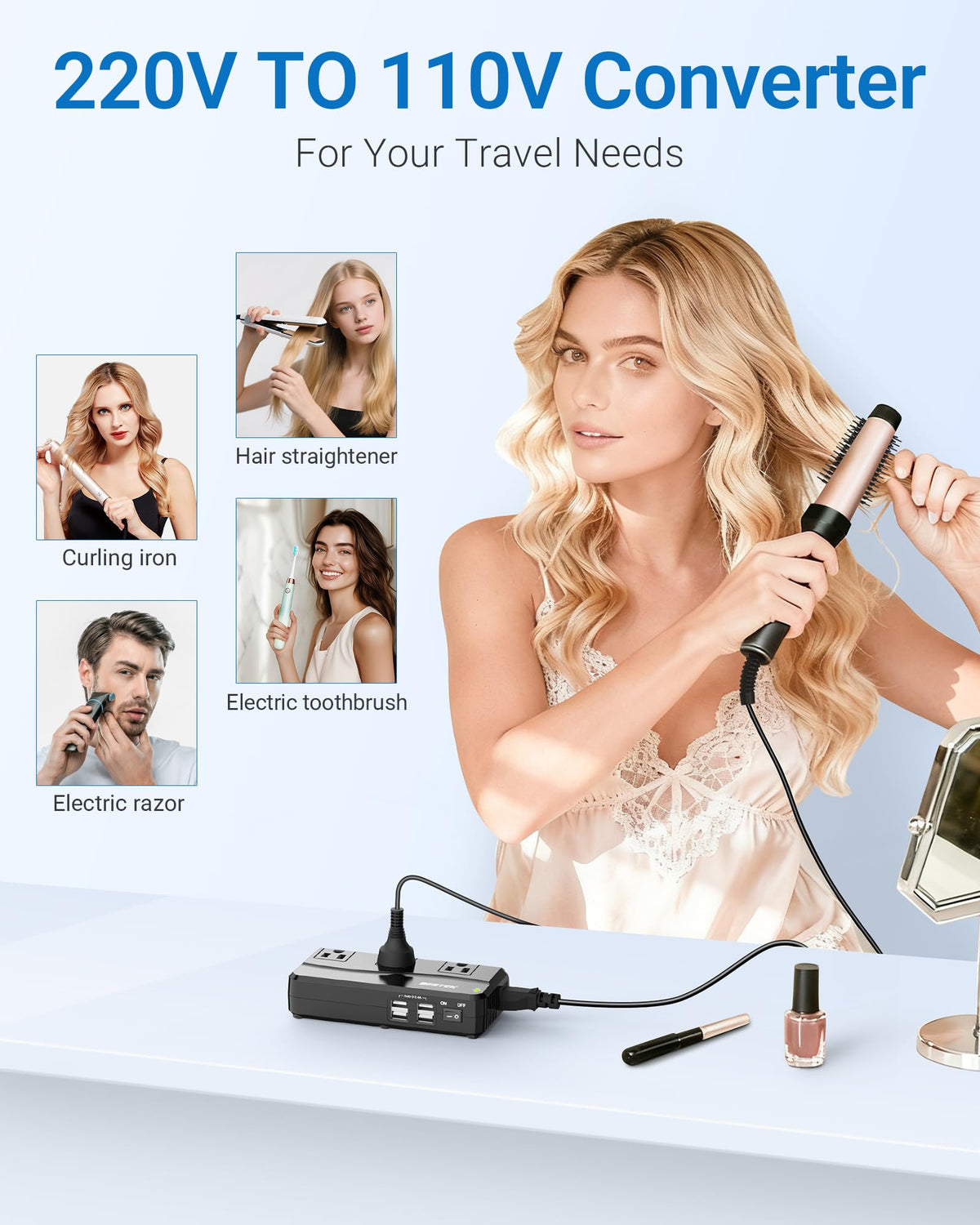 BESTEK spread of included plug adapters demonstrating global compatibility benefit