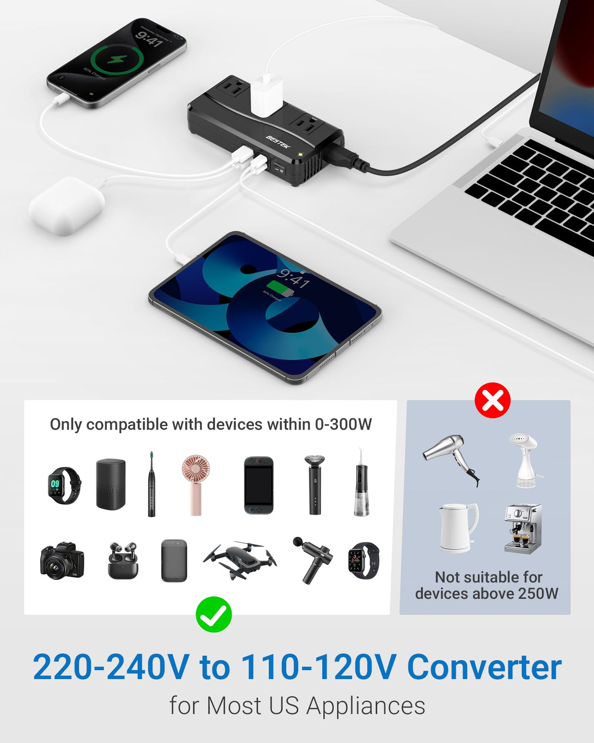 BESTEK side view with included Type G D M AU US plug adapters for global compatibility