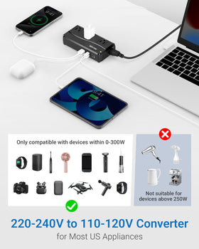 BESTEK side view with included Type G D M AU US plug adapters for global compatibility