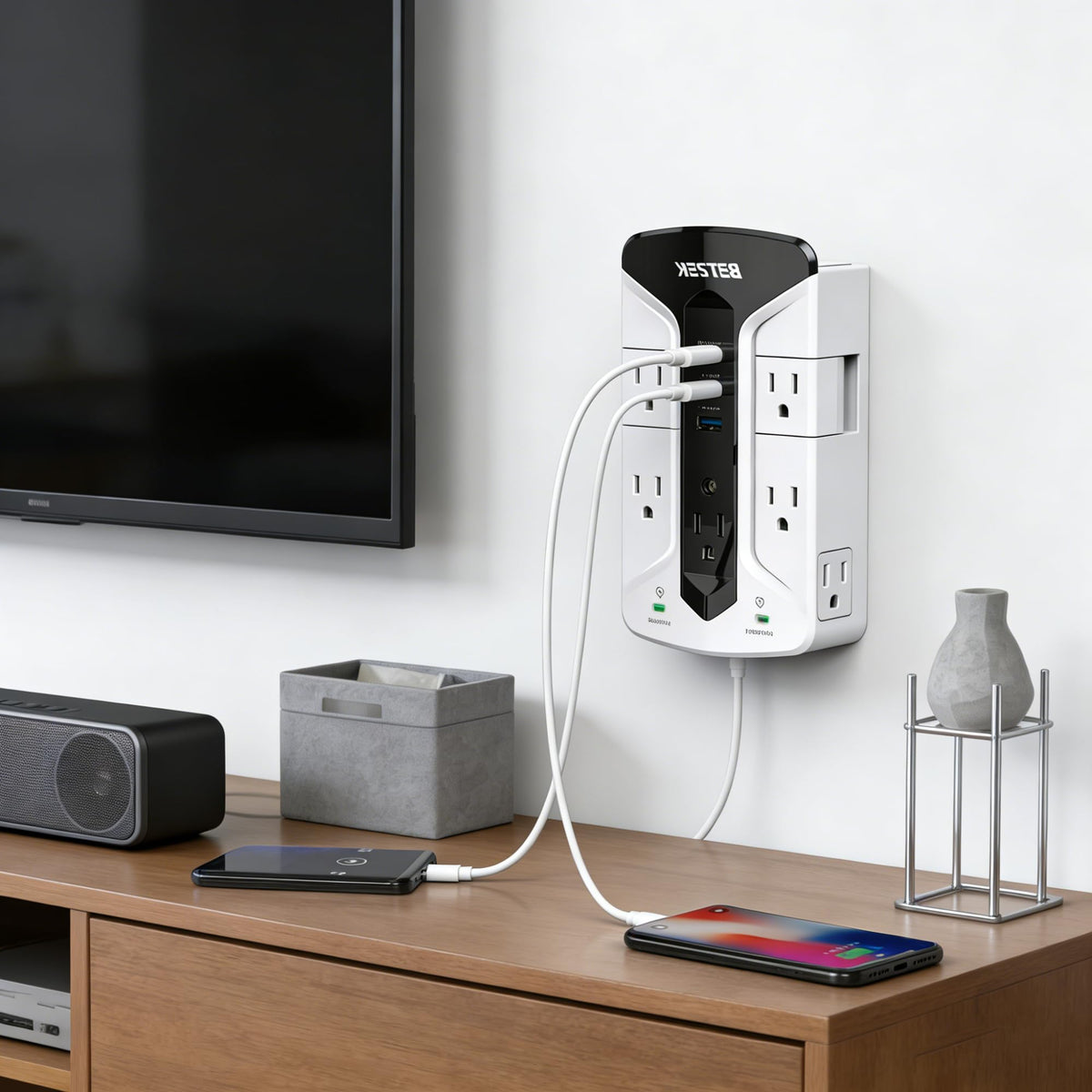 BESTEK held in hand for scale, compact power expansion and portability