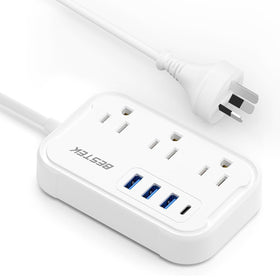 Bestek Type I adapter with three AC outlets and four USB ports for multi-device charging.
