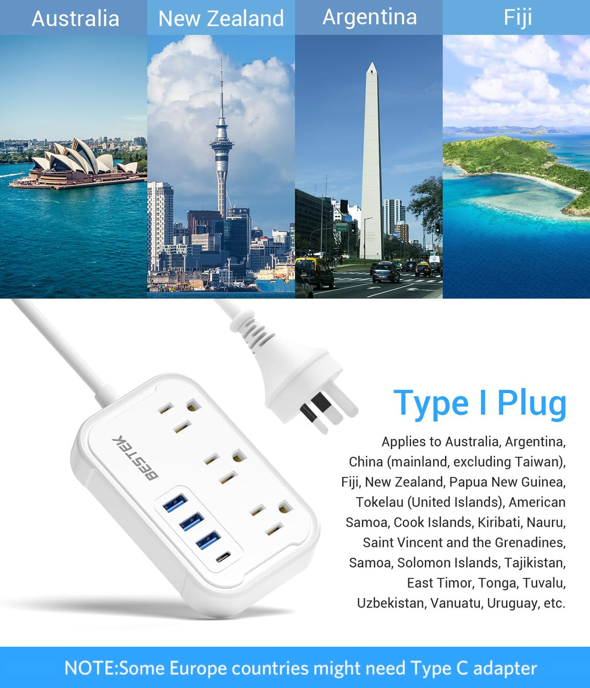 Bestek Type I compatibility covers Australia, New Zealand, Argentina, and more regions.