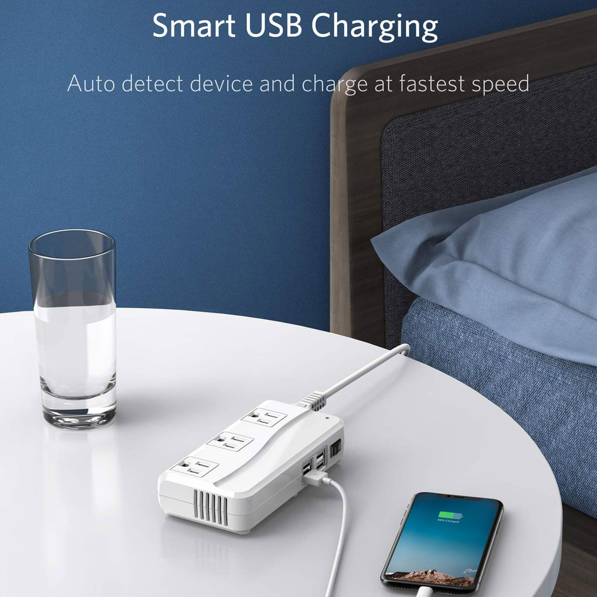 BESTEK closeup of four USB ports enabling simultaneous device charging