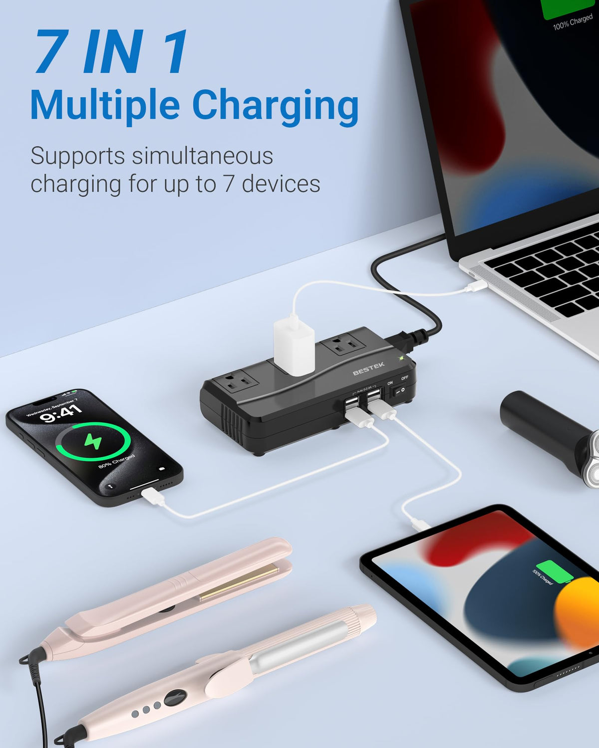 BESTEK closeup of USB ports highlighting easy simultaneous device charging