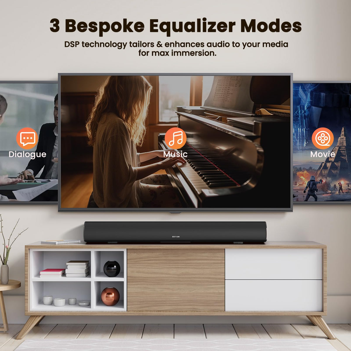 BESTISAN 100W soundbar wall-mount ready for space-saving placement