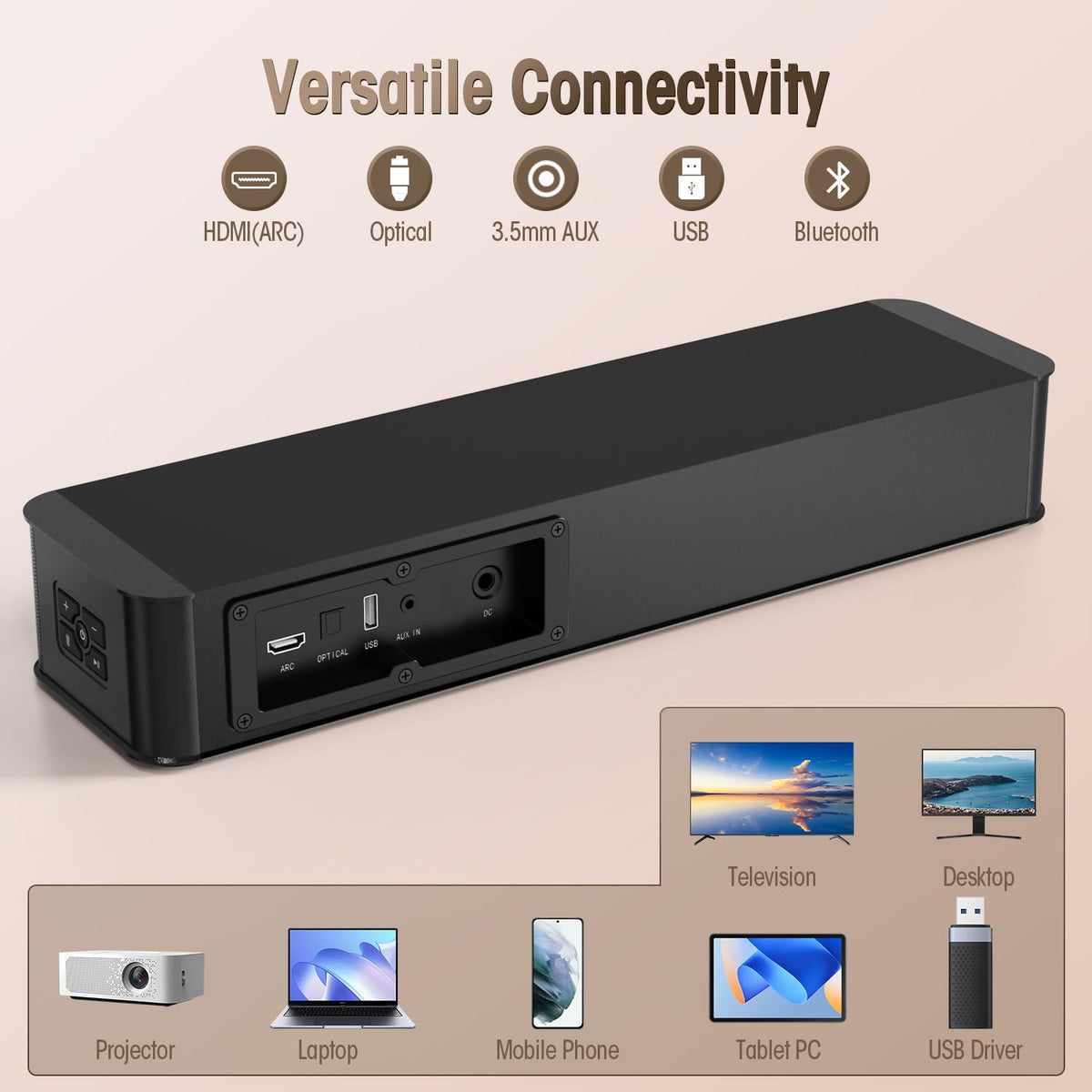 BESTISAN 2.1ch soundbar Bluetooth 5.3 enables wireless streaming.