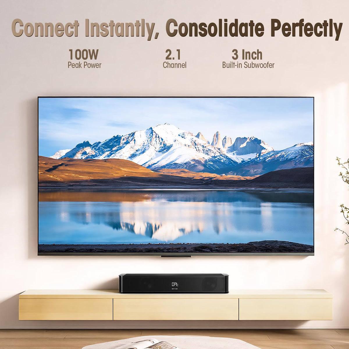BESTISAN 2.1ch soundbar built-in subwoofer delivers deep bass in a compact form.