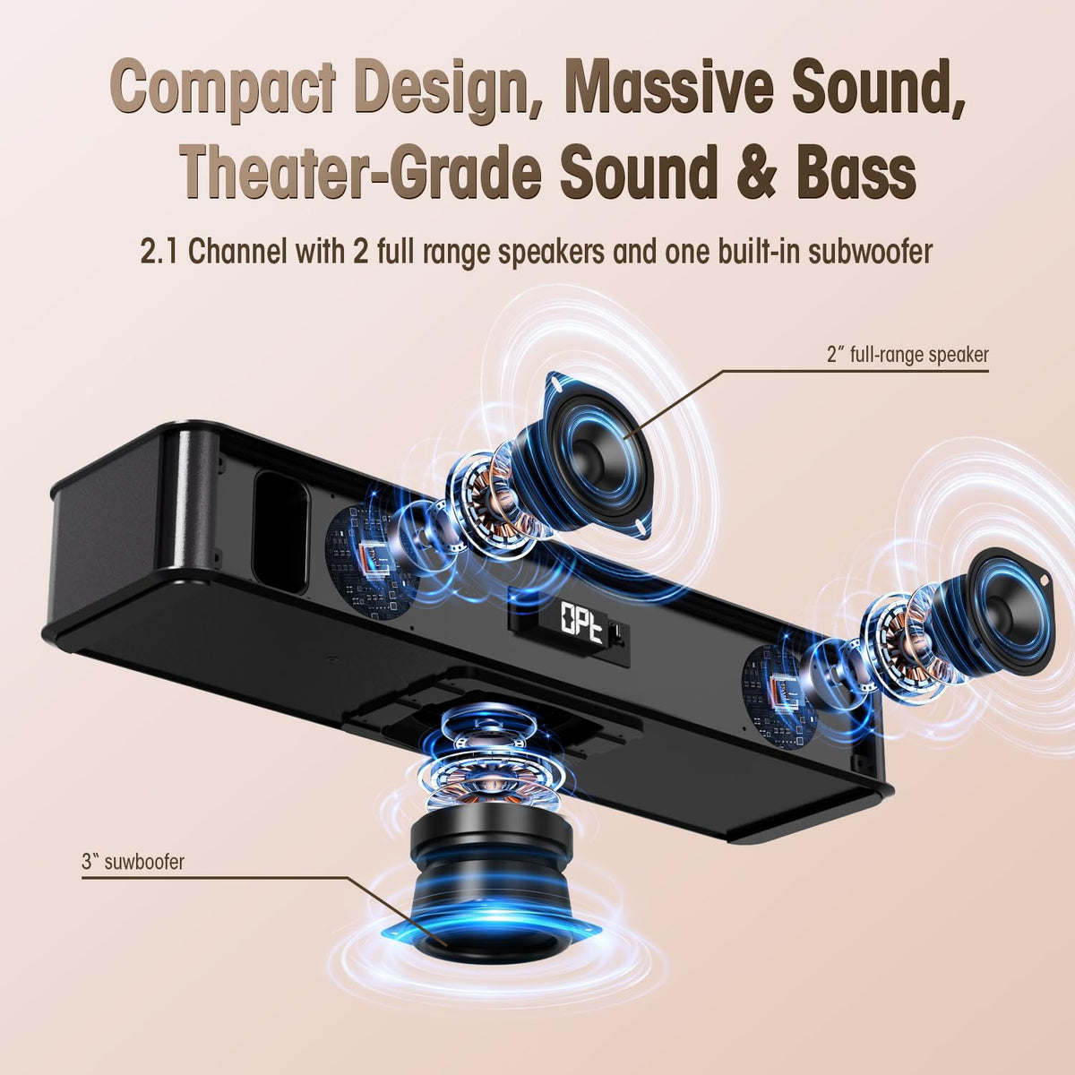 BESTISAN 2.1ch soundbar movie mode emphasizes surround effects for cinema-like experiences.
