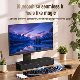 BESTISAN 2.1ch soundbar ultra-slim design fits under most screens.
