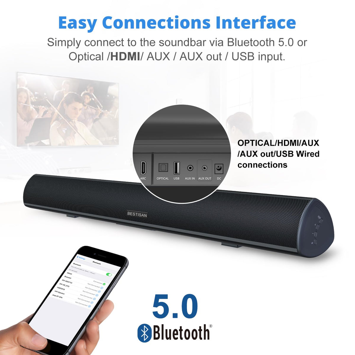 Bestisan 34-inch soundbar with wall mount under TV for a clean setup.