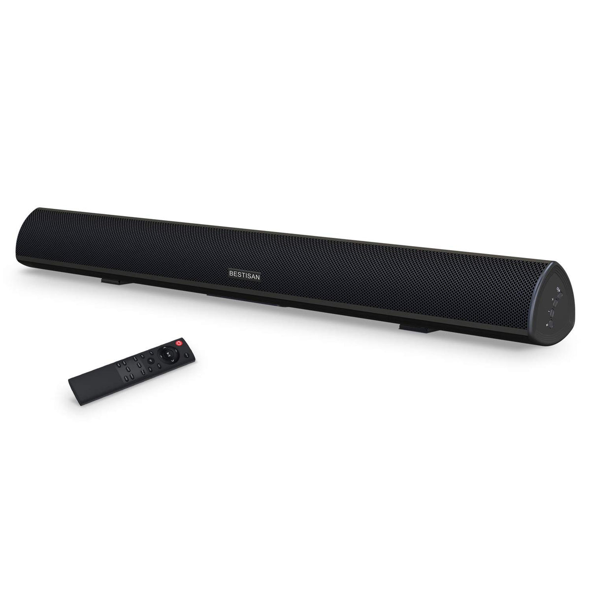 Bestisan 80W soundbar front view showing compact, room-filling audio quality.