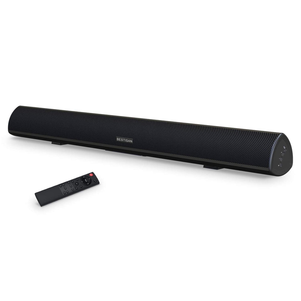 Bestisan 80W soundbar front view showing compact, room-filling audio quality.
