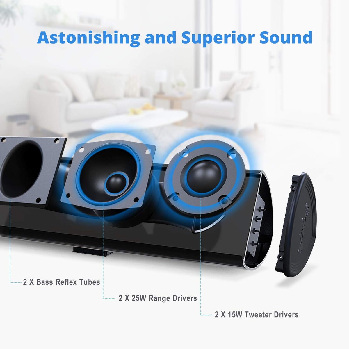 Bestisan 80W soundbar side-ports highlighting deep bass and clear connections.
