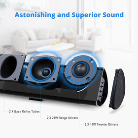 Bestisan 80W soundbar side-ports highlighting deep bass and clear connections.