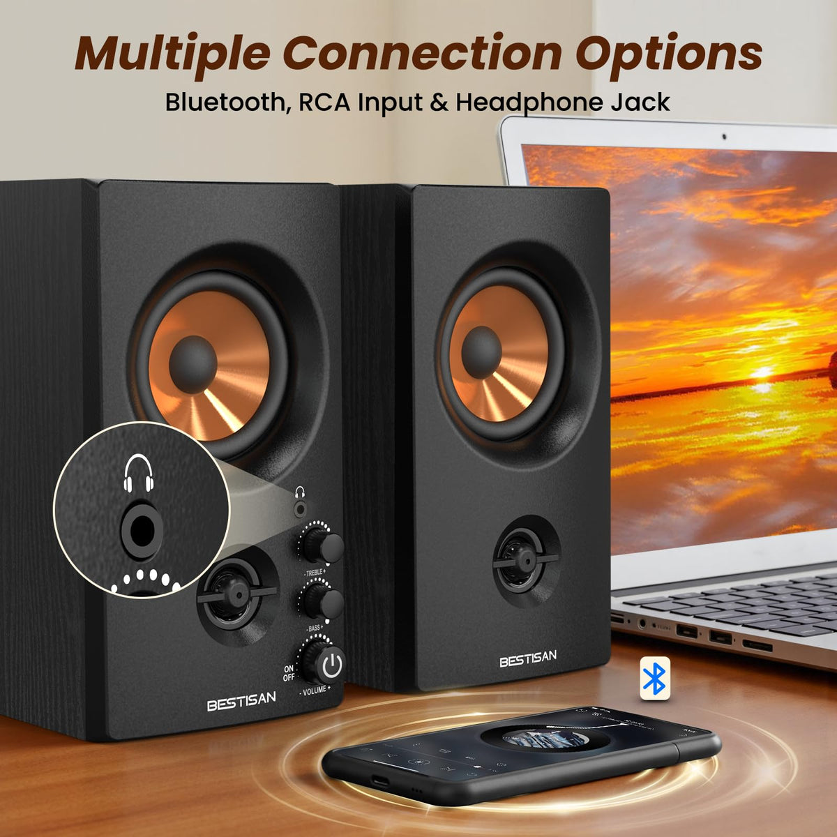 Bestisan active bookshelf speaker back ports for easy connections