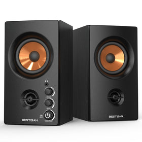 Bestisan active bookshelf speaker front view for compact desktop setup