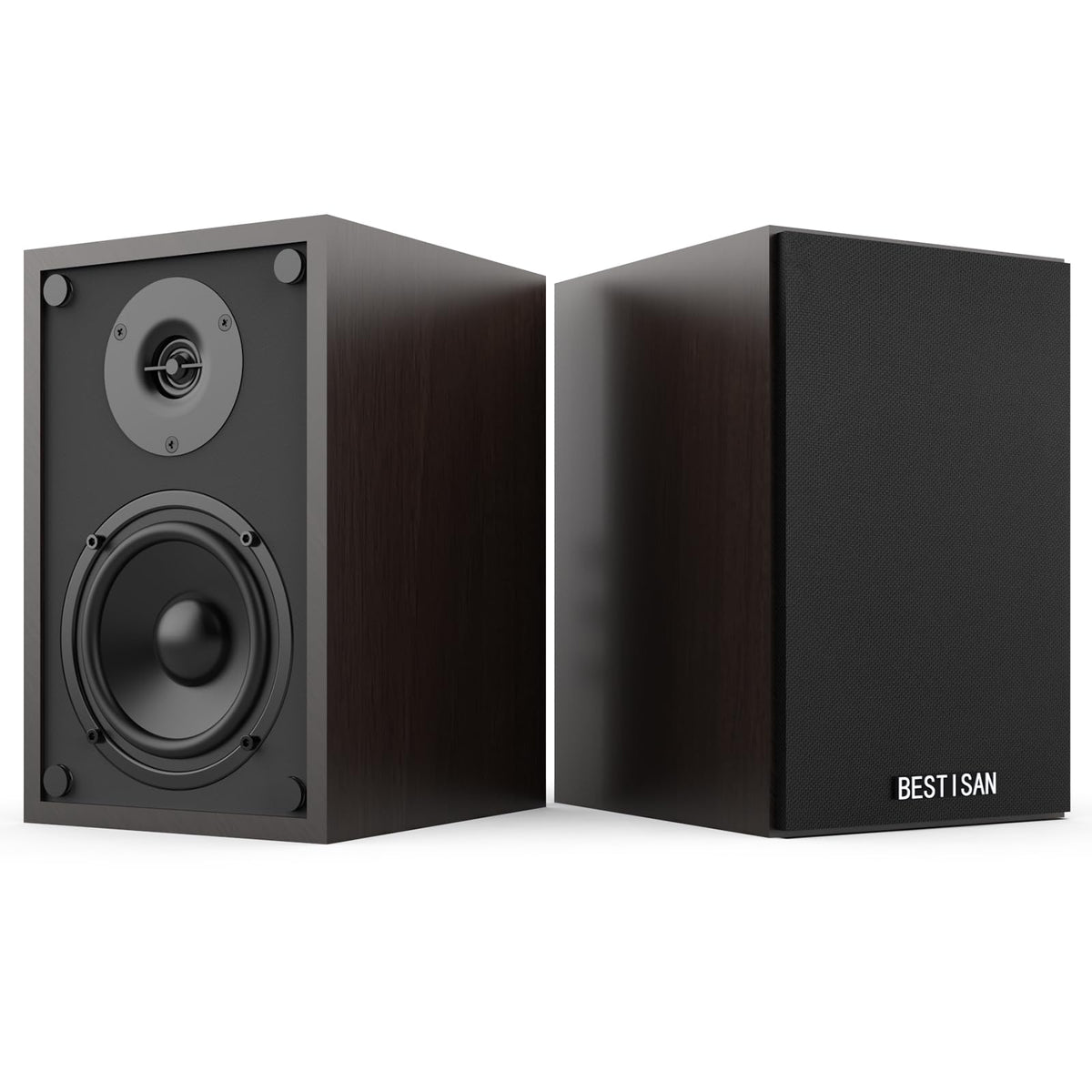 BESTISAN Bluetooth bookshelf speakers with RCA input for flexible listening setups.